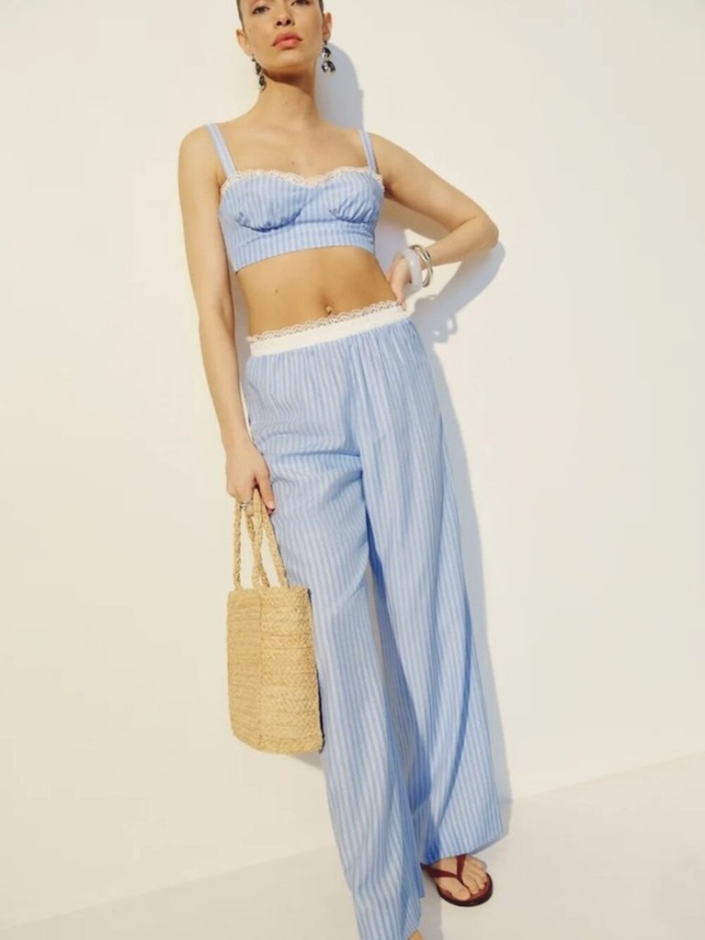 NEW Reformation Pippa Two Piece Set Top Pants Sky Blue Stripe | US 2 UK 6 - Picture 6 of 15